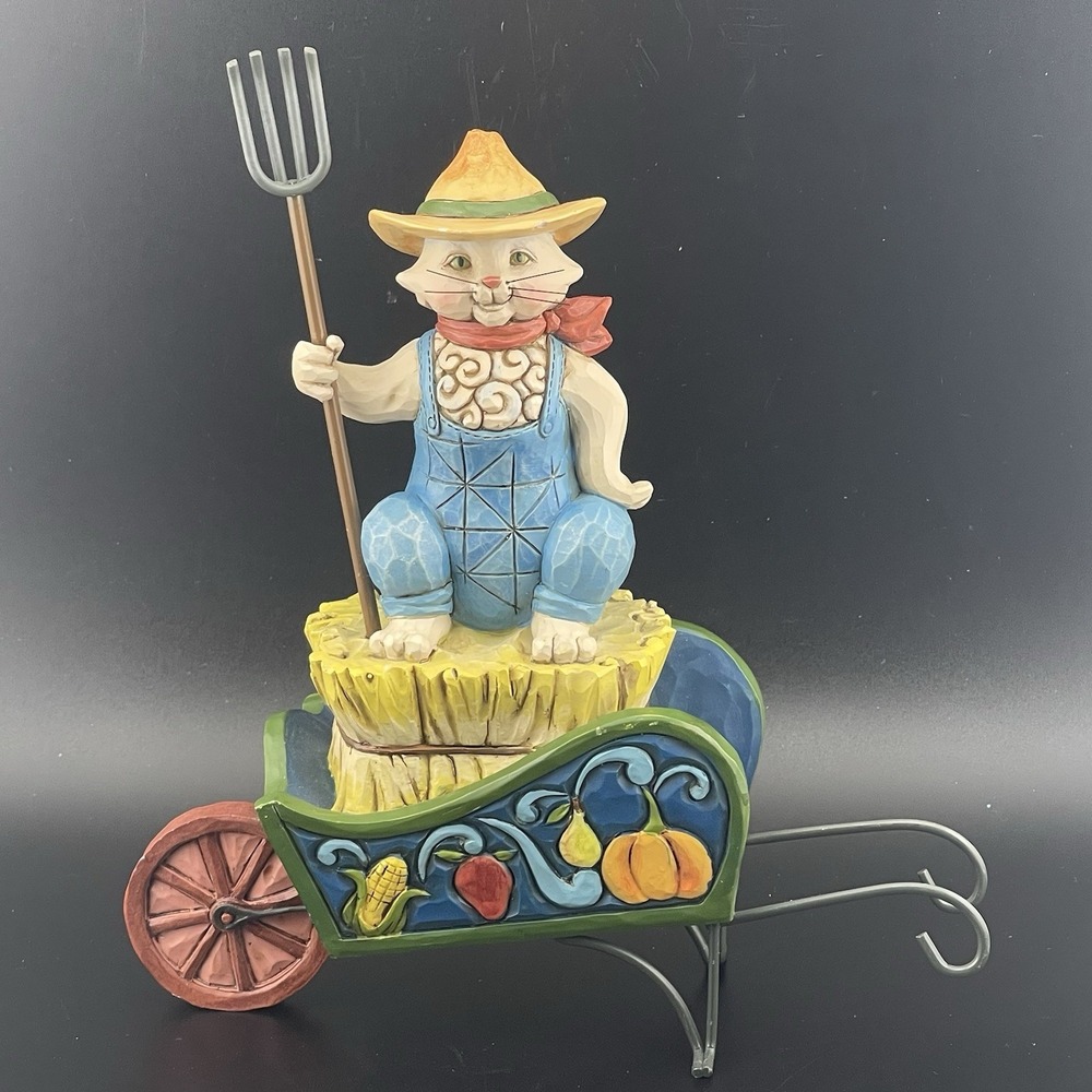 Jim Shore Country Living Cat Figurine 2013 Farm Haybale Fork Wheelbarrow Fall